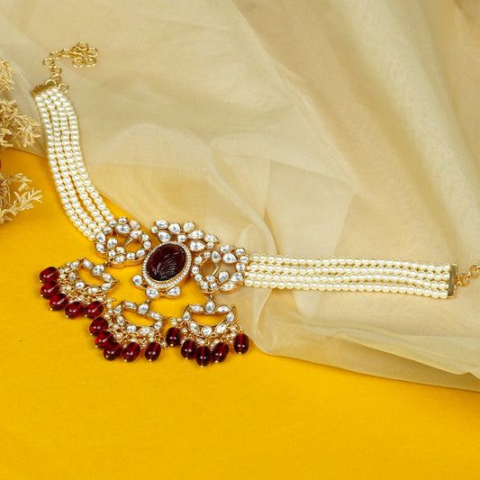 Zevar Club White Pearl Beaded Choker Necklace Set with Maroon Stone & White Kundan Studded Pendant and Earrings for Women