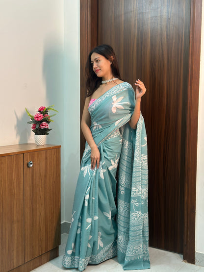 Handcrafted Mulmul Cotton Saree In Mint Green With Dragonfly Motifs