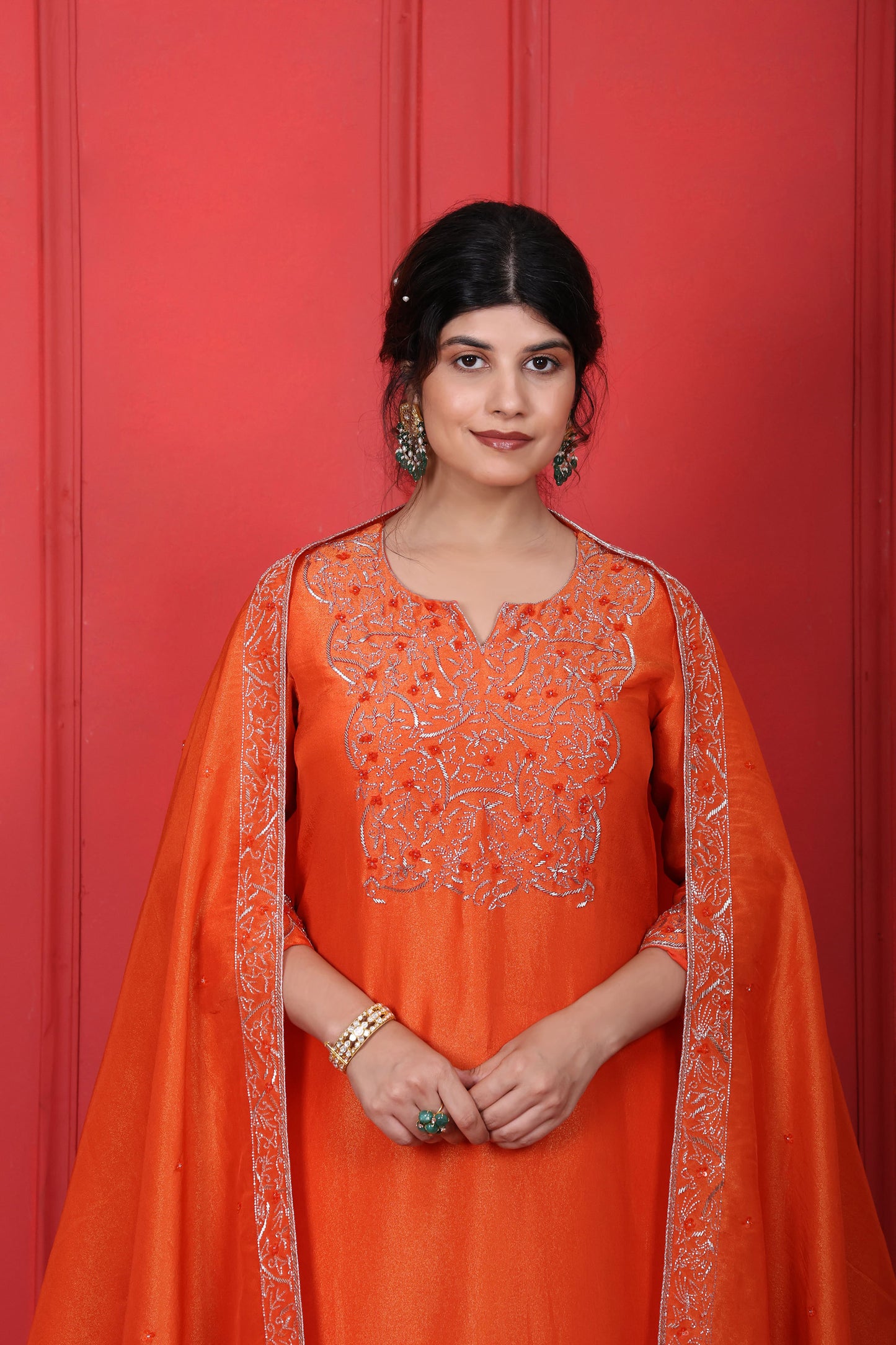 Orange Round Neck V-Cut Suit Set