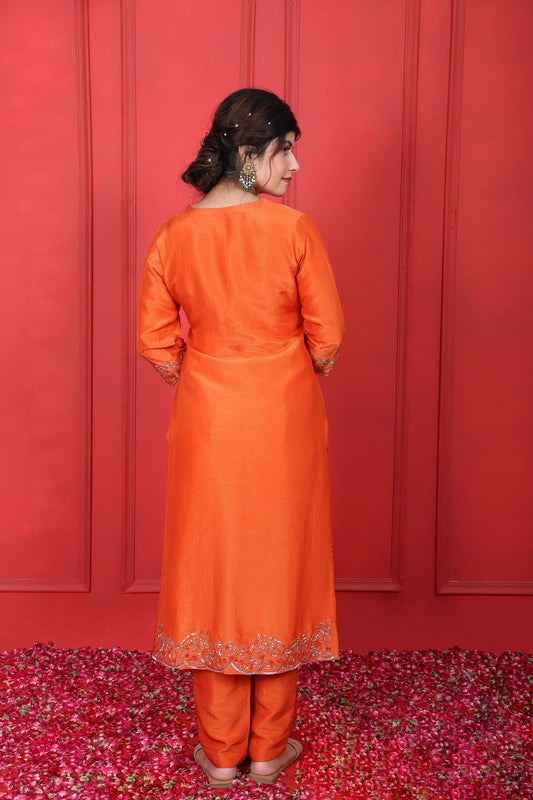 Orange Round Neck V-Cut Suit Set