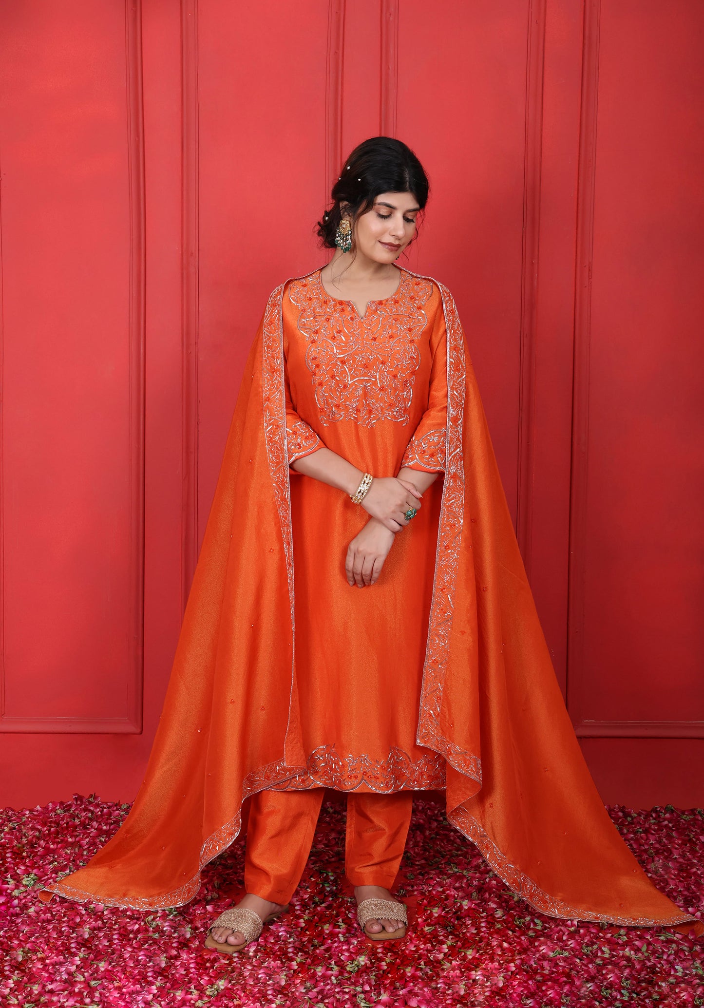 Orange Round Neck V-Cut Suit Set