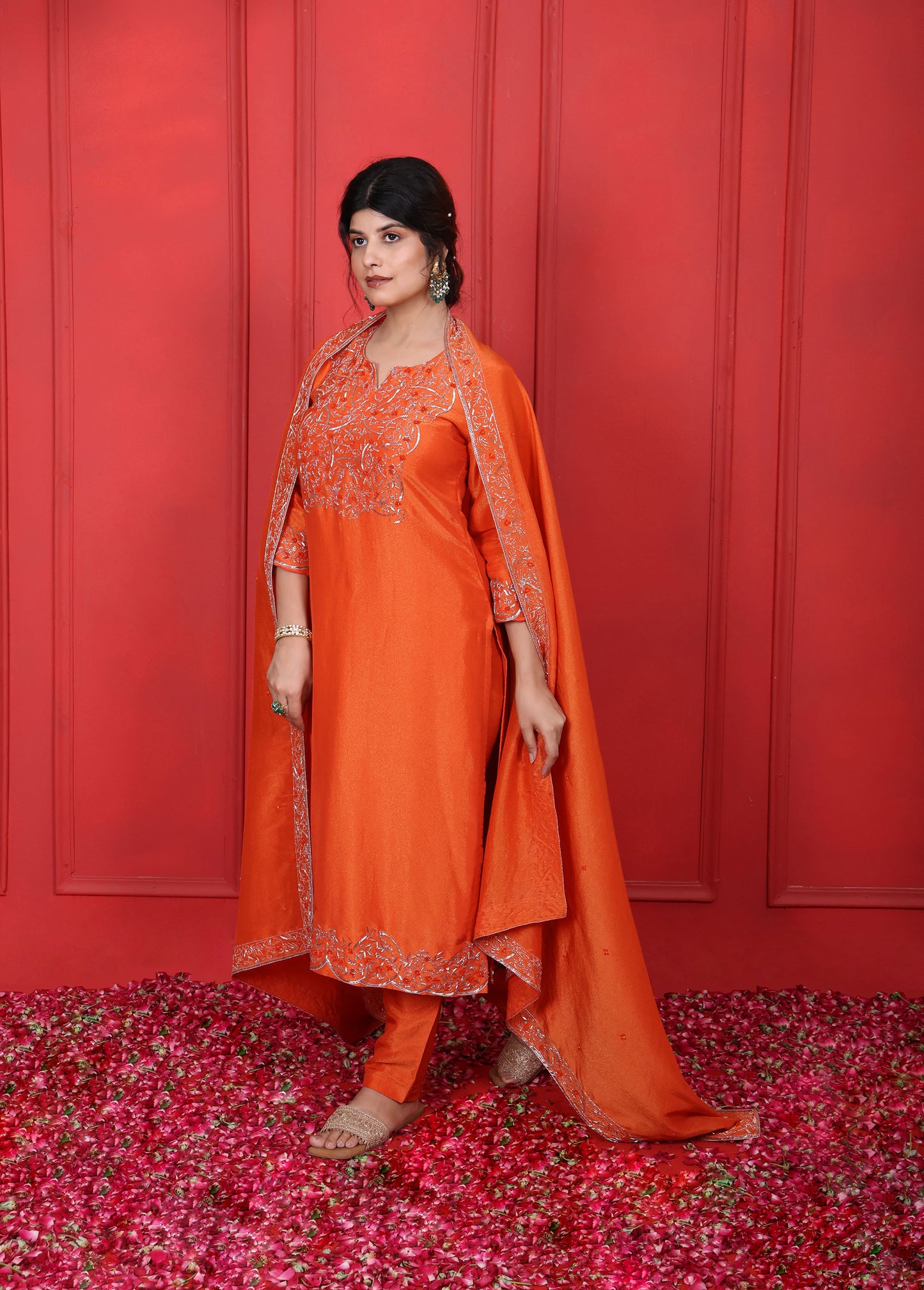 Orange Round Neck V-Cut Suit Set