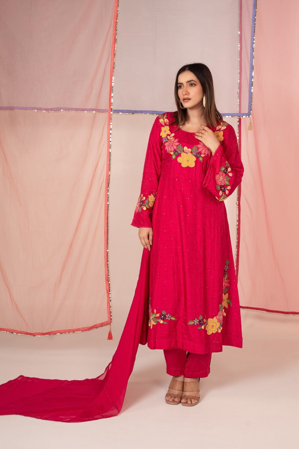 Magenta pink satin silk salwar suit