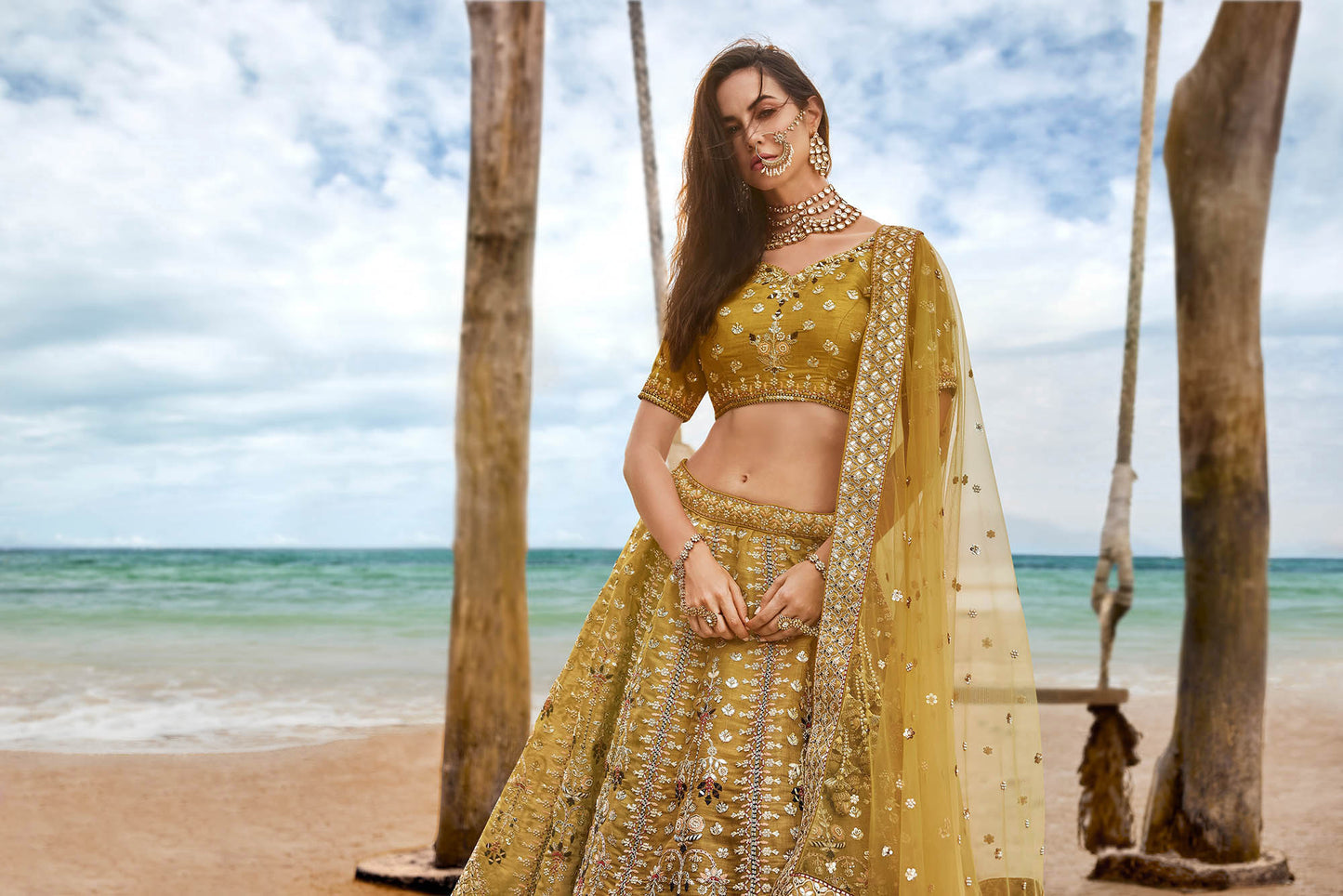 Mustard Bridal Net Sequins, Moti, Mirror and thread embroidery Lehenga