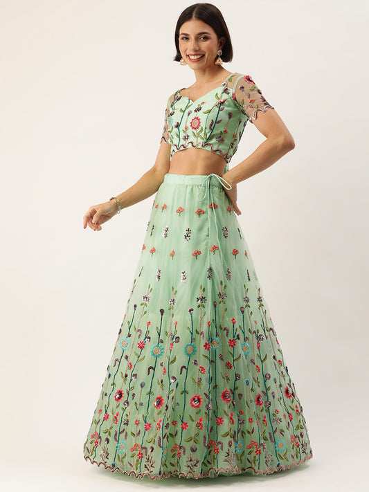 Seagreen - Net Sequin Embroidered Semi-Stitched Lehenga