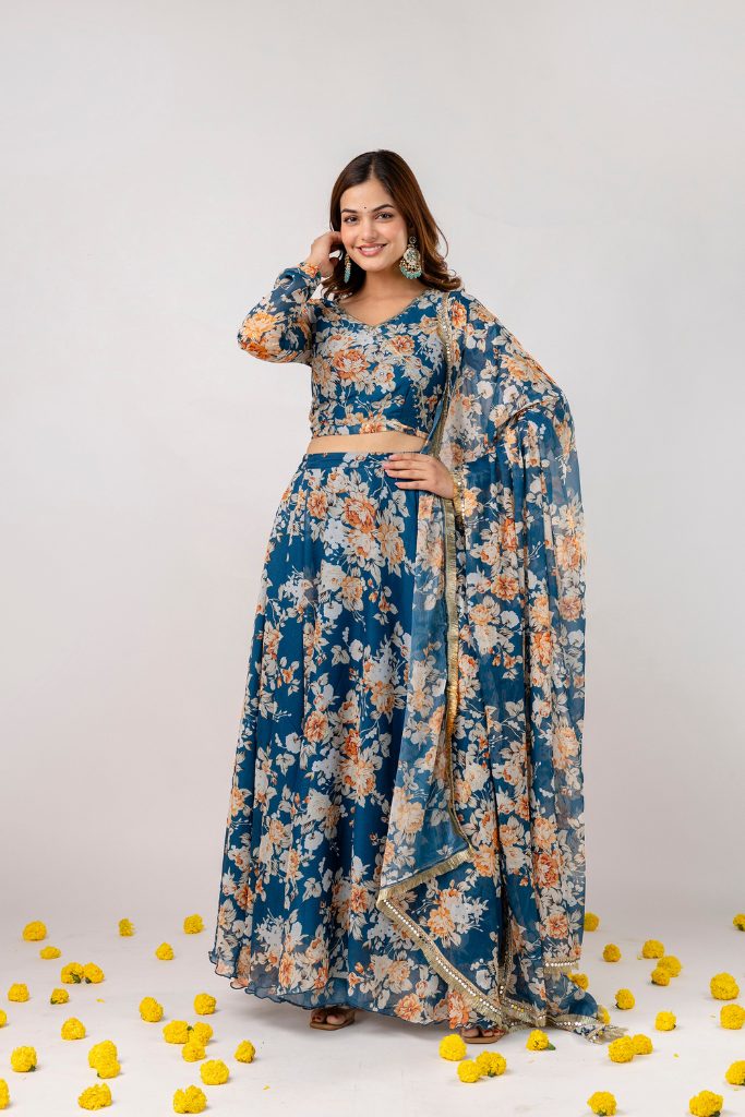 Neelima Blue Chiffon Floral Festive Lehenga Skirt