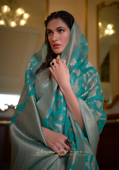 Turquoise Keesha Organza Two tone Handloom Saree