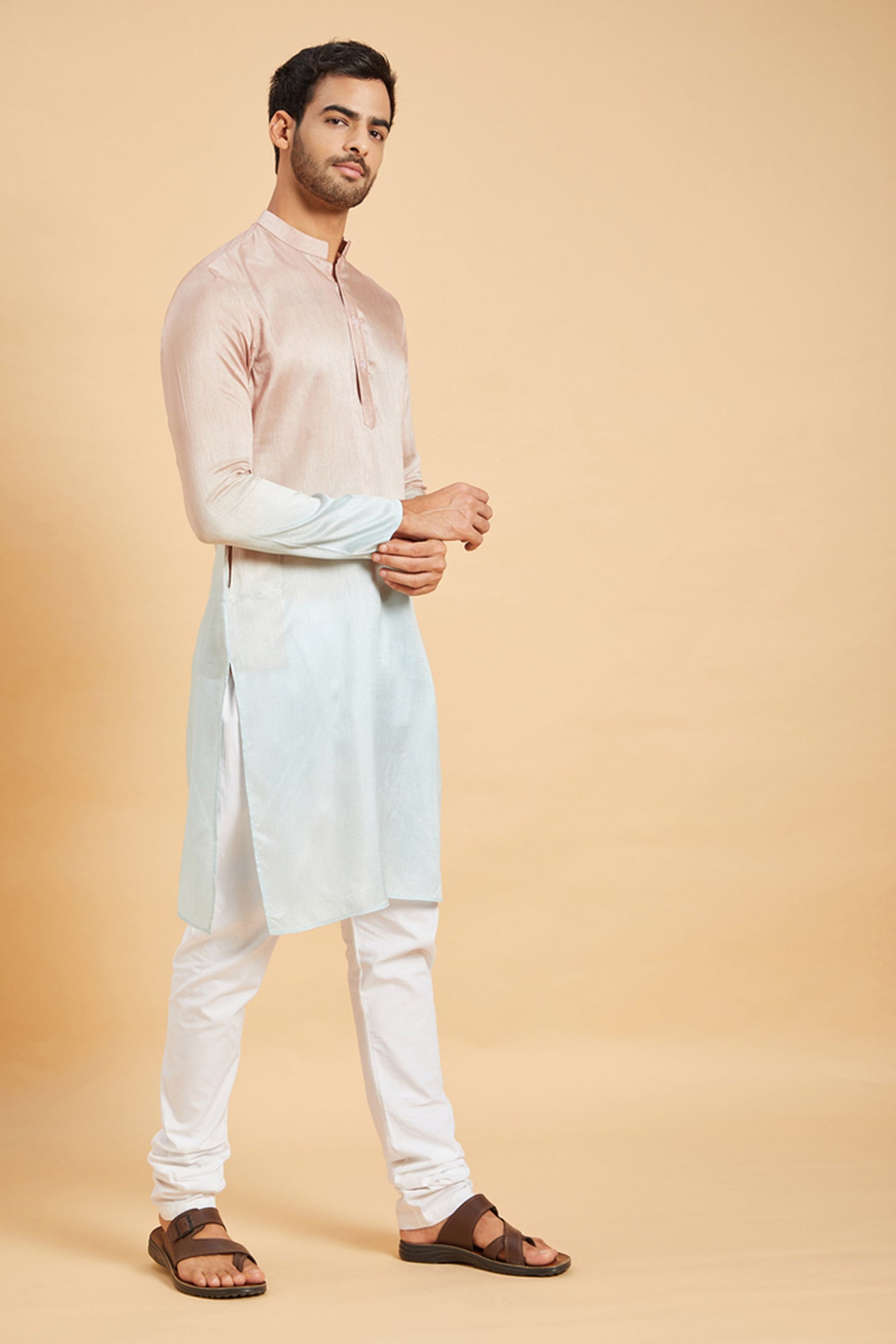 Pink & Sea Blue Raw Silk Embroidered Ombre Festive ( only Kurta )