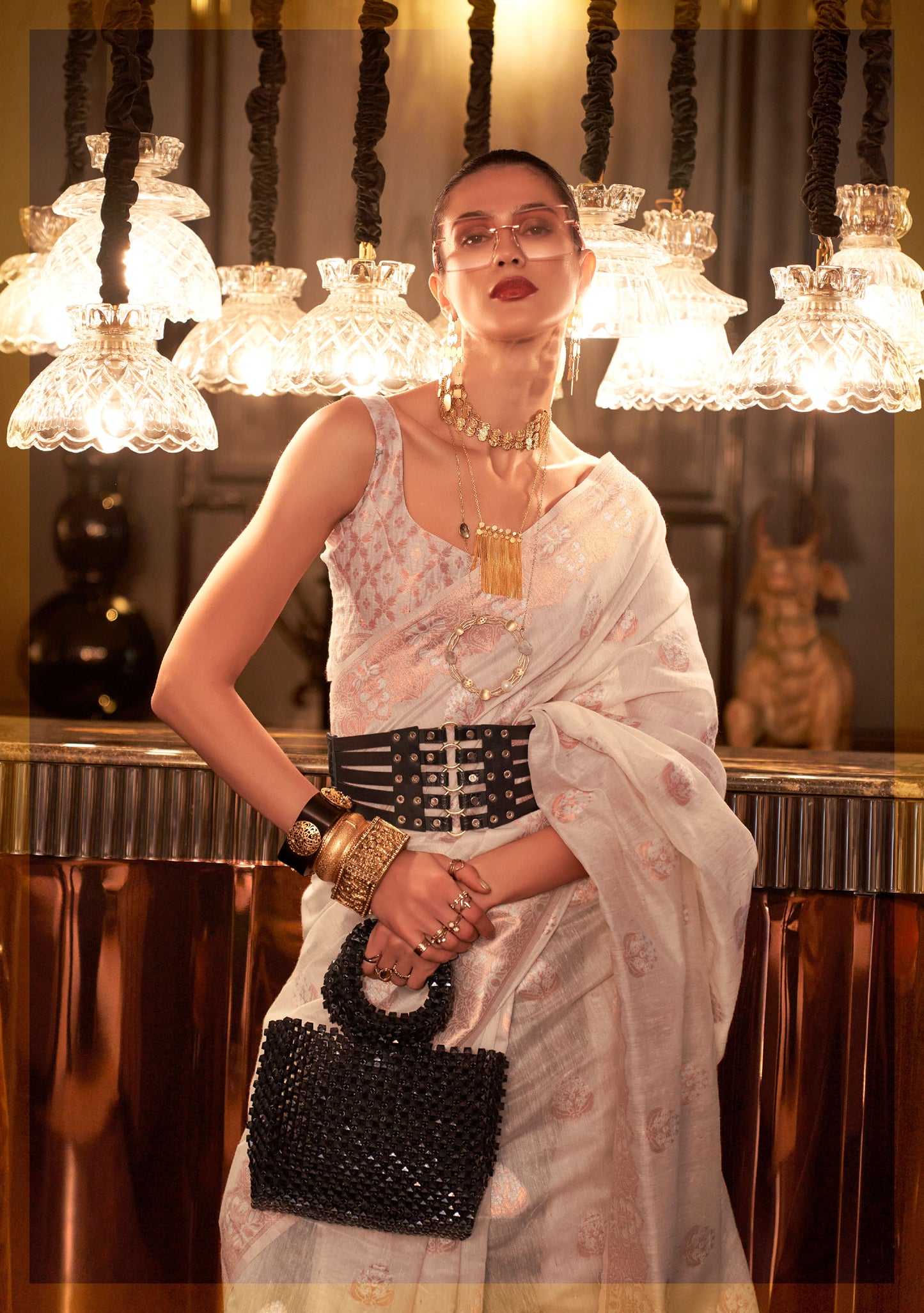 Cream Klassima Linen Pure Linen Zari woven saree