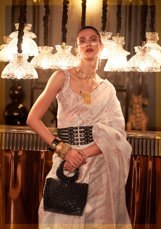 Cream Klassima Linen Pure Linen Zari woven saree