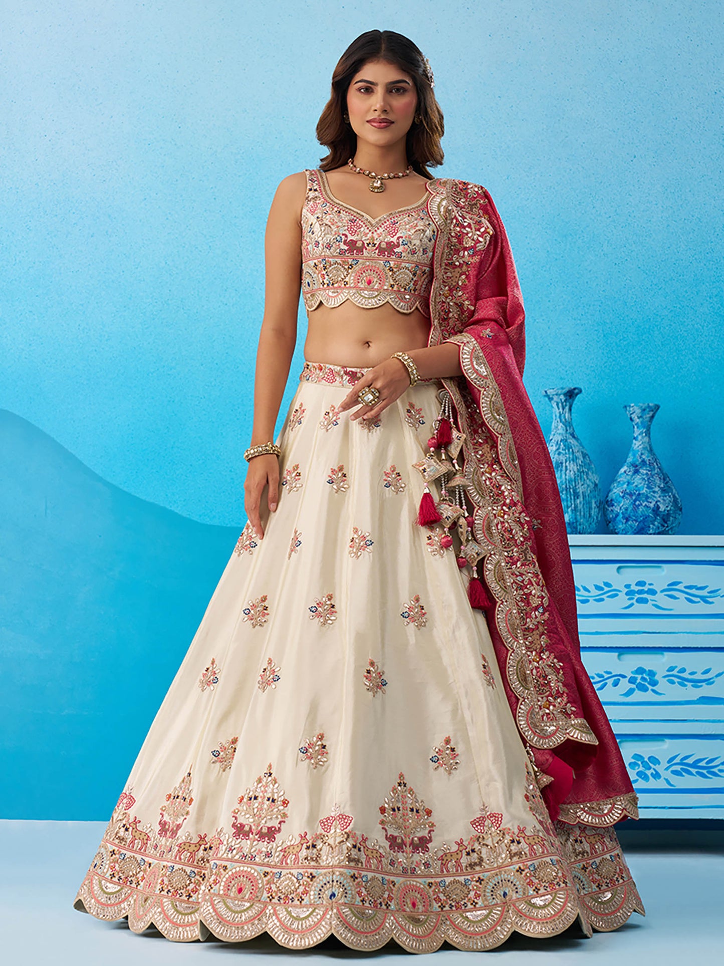 Cream Tissue Gota & Sequins Embroidered Lehenga with Rani Pink Dupatta for Bridesmaid