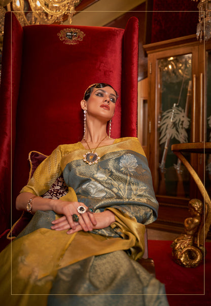 Metallic Blue Yellow Kshimmer Silk Handloom Saree