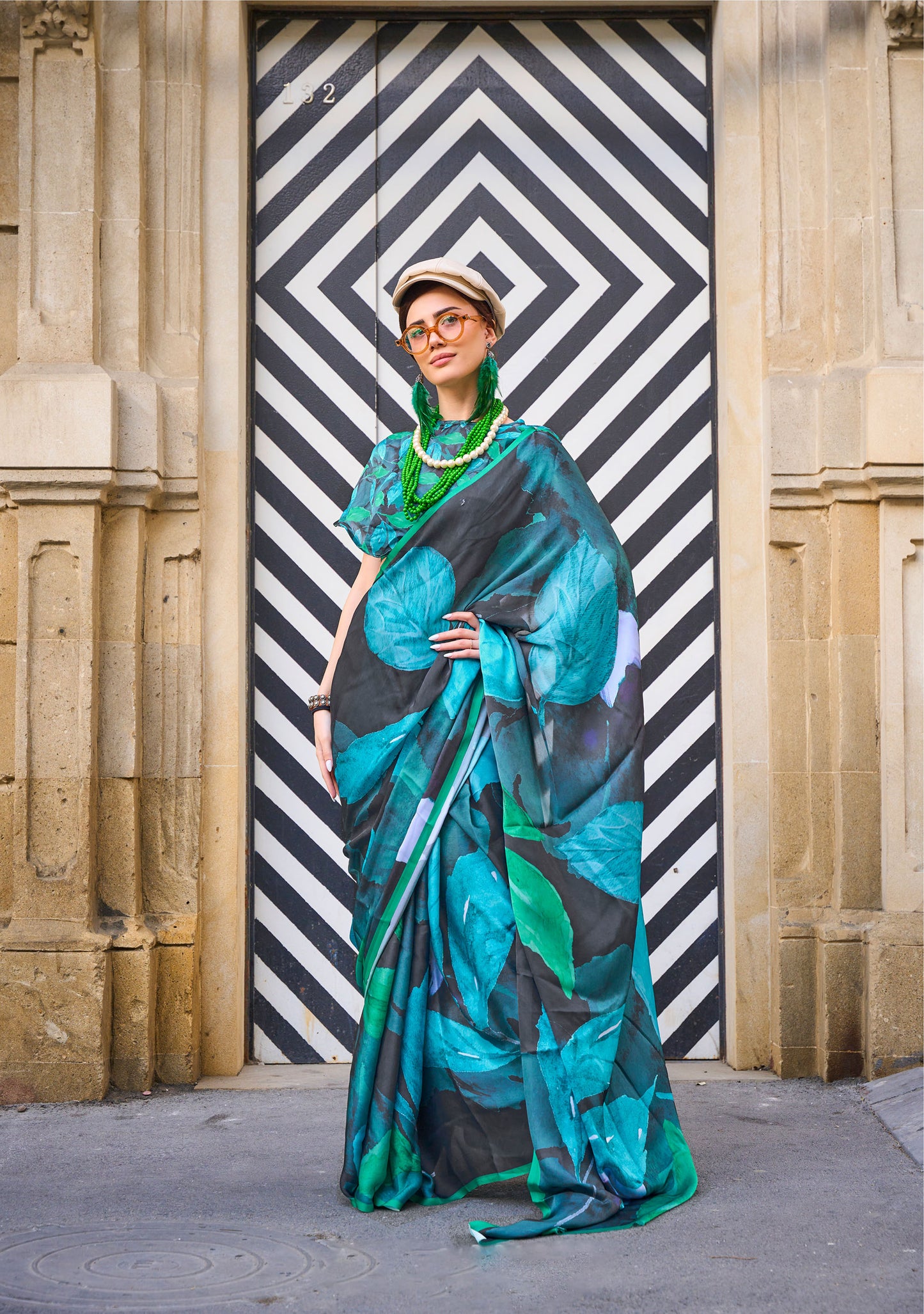 Turquoise Green Floral Kolombus Satin Georgette Printed Saree