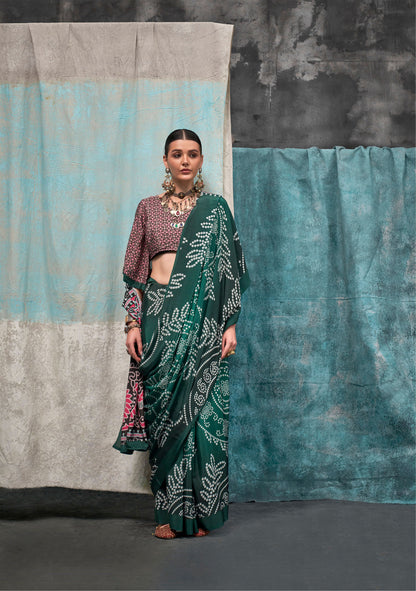 Dark Green Kernia's Printed Pure Silk Crepe Saree