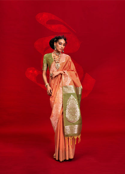 Orange Kontessa Tussar Silk Handloom Saree with ikkat Pallu