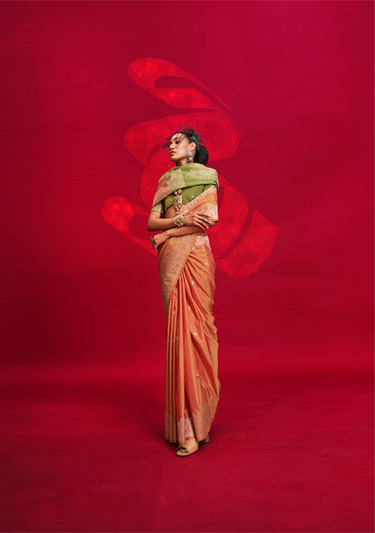 Orange Kontessa Tussar Silk Handloom Saree with ikkat Pallu