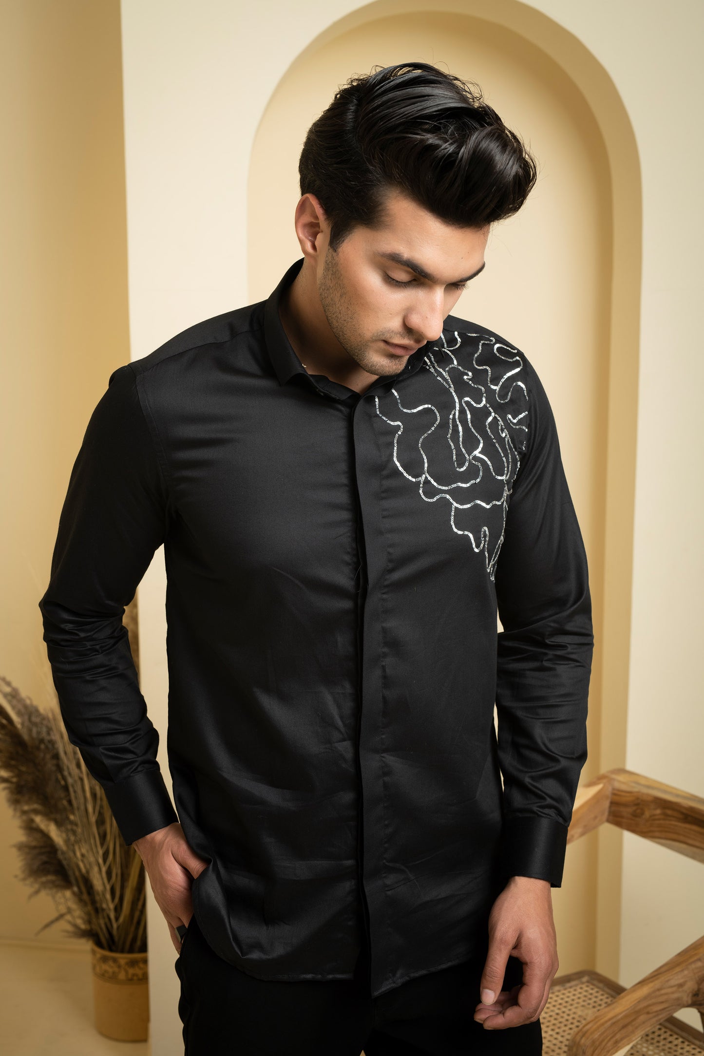 Black Cotton satin Sterling Party Wear Shirt