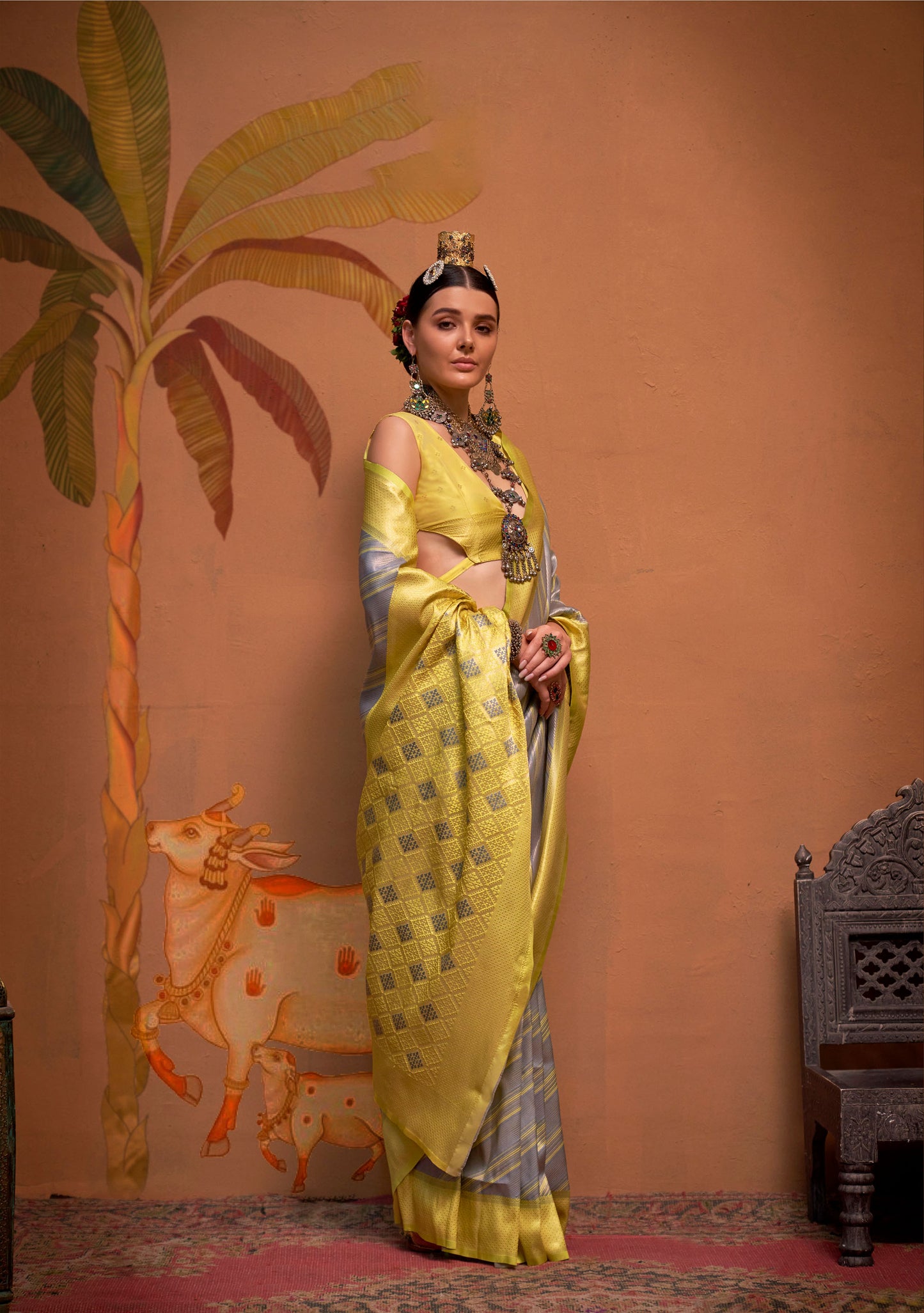Yellow and Grey Kalamari Handloom Silk Saree