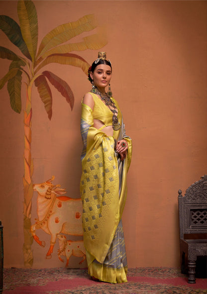 Yellow and Grey Kalamari Handloom Silk Saree