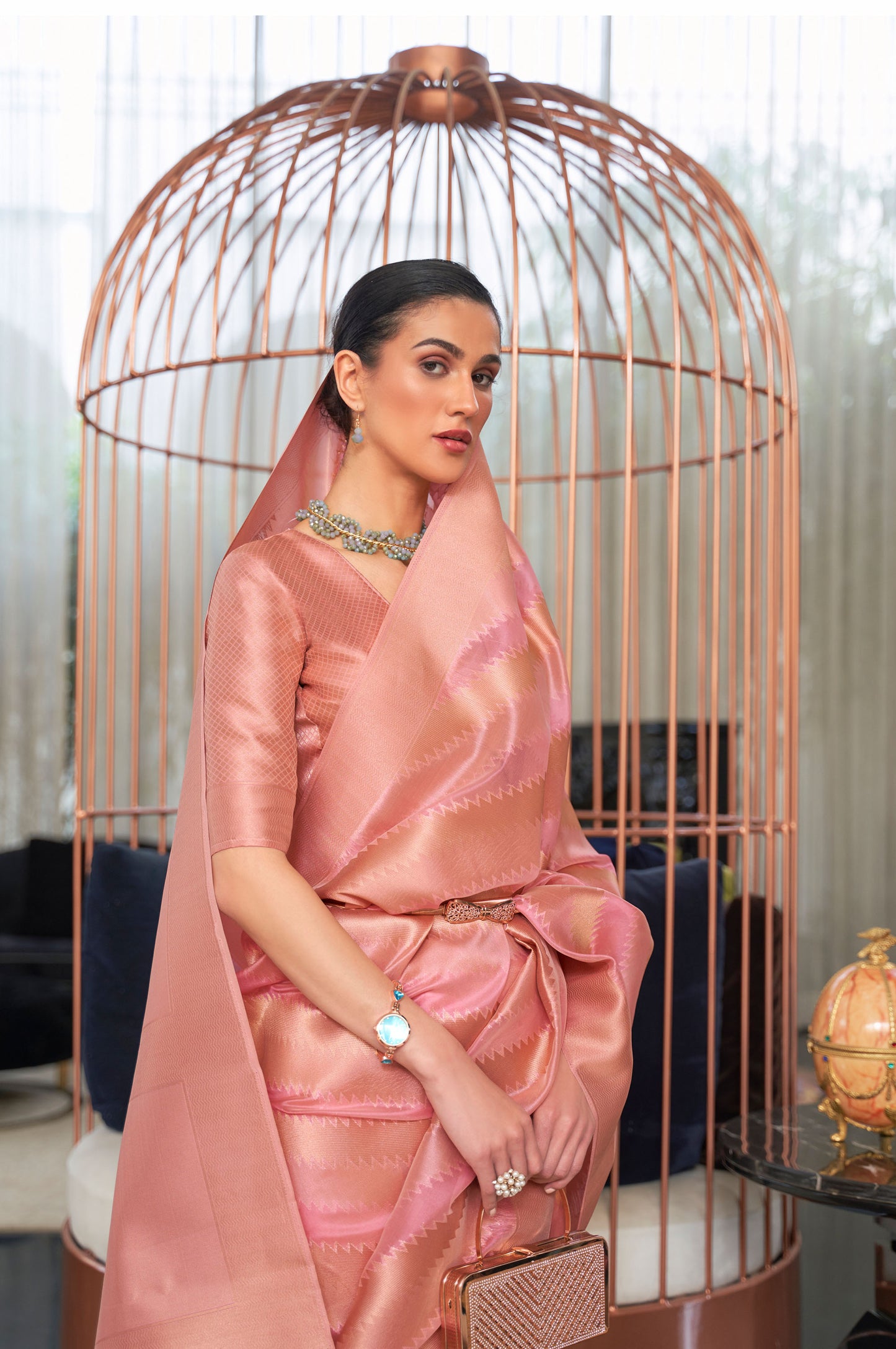 Pink Kelena Organza Lehriya Handloom Saree