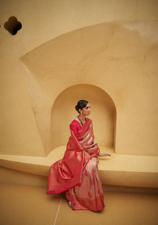 Pink and Red Korvai Silk Nylon Two Tone Handloom Saree