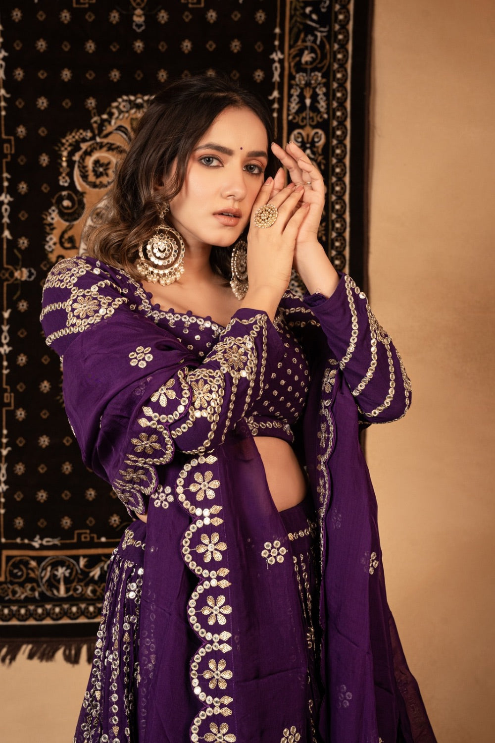 Purple georgette lehenga choli with foil mirror work