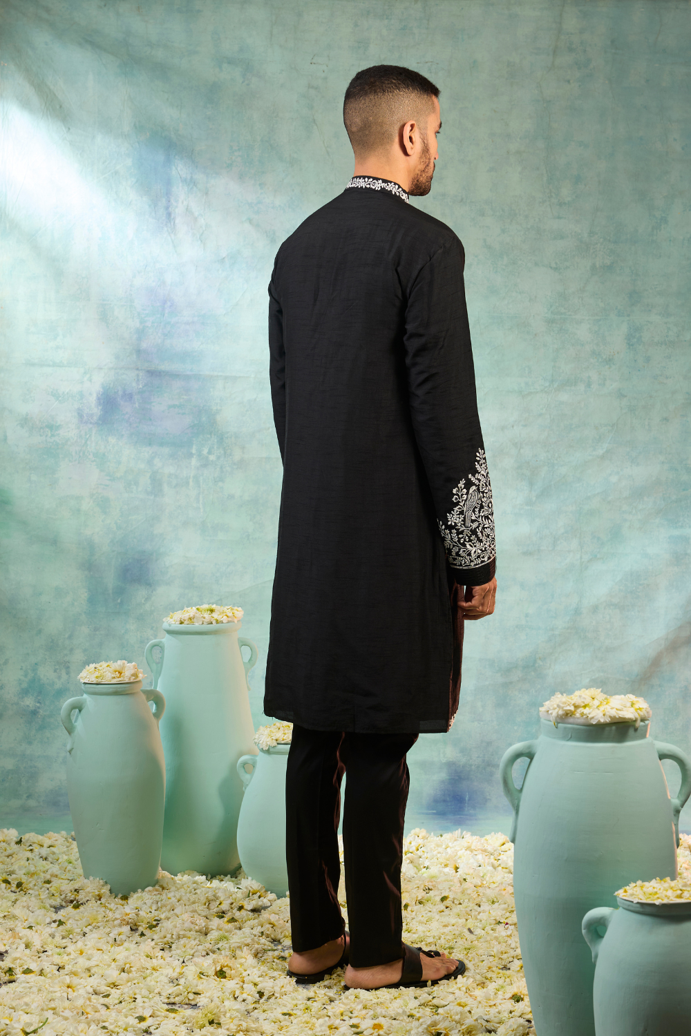 Black & white silk koti set with thread and mirror work