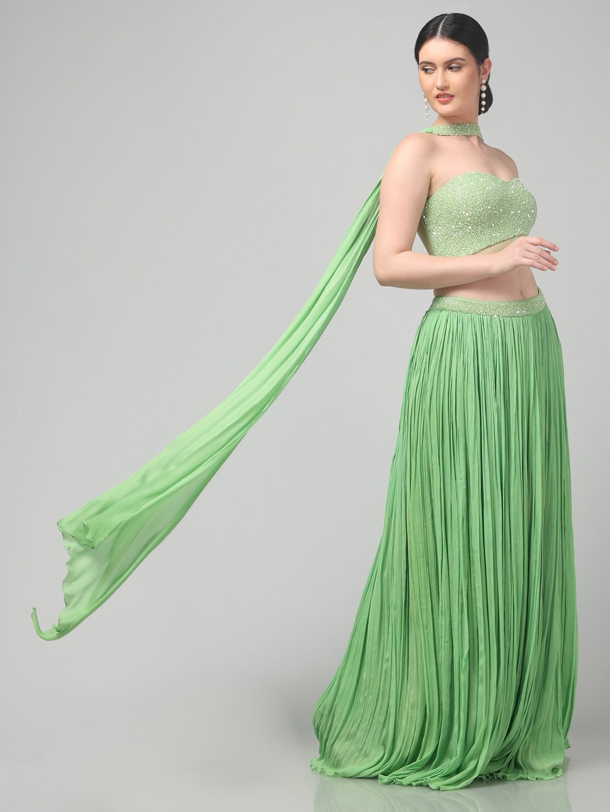 Tea-Green Corset Pure Chinnon Cutdana & Sequence Hand Work Party Wear pleated Skirt & Dupatta