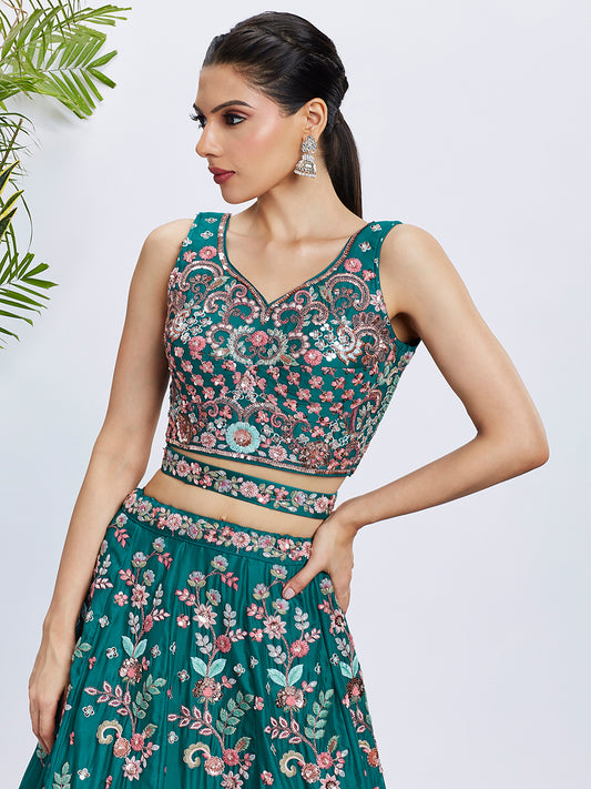 Green Pure Georgette Sequins and thread embroidery Lehenga choli