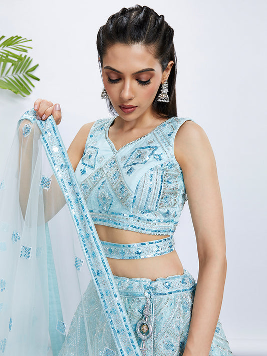 Turquoise blue Net Cutdana, Sequins and Zarkan embroidery Lehenga