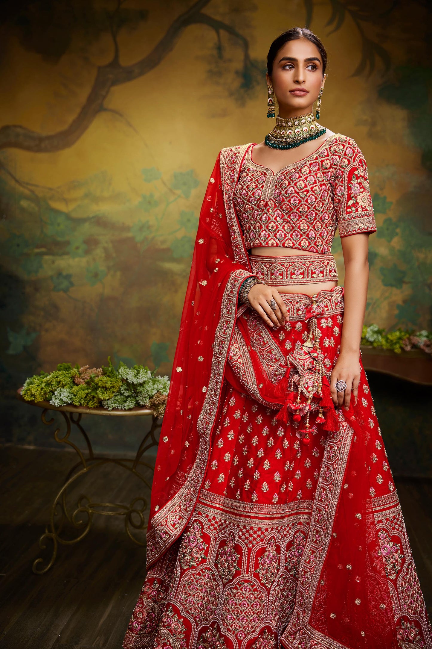 Red Pure Silk Moti & Zarkan heavy embroidery Semi-Stitched Lehenga choli & Dupatta