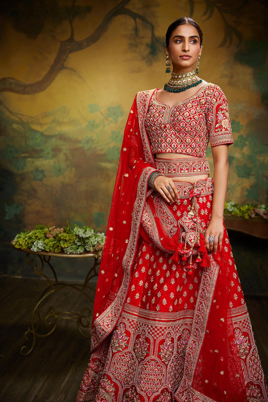Red Pure Silk Moti & Zarkan heavy embroidery Semi-Stitched Lehenga choli & Dupatta