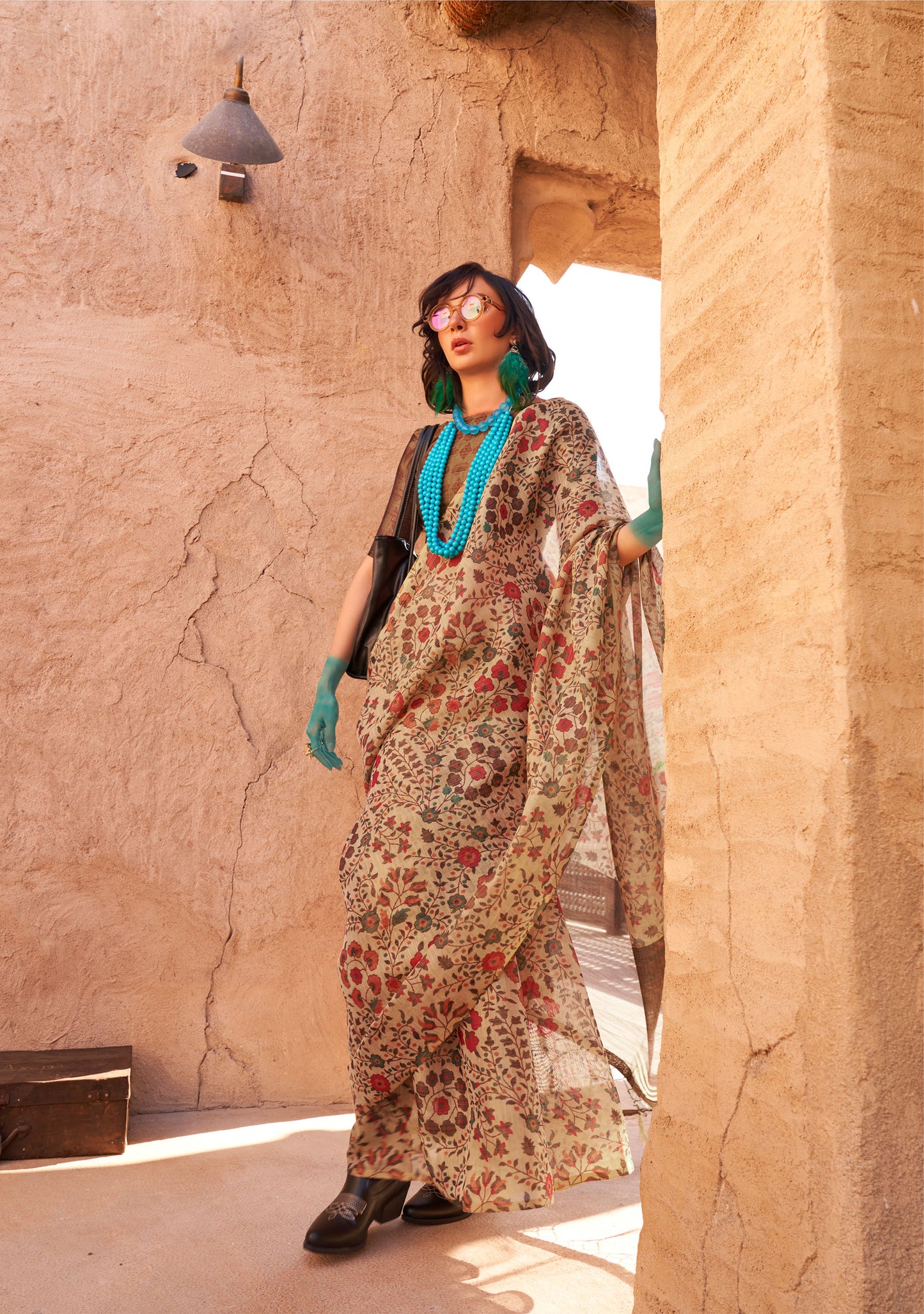 Beige Komet Printed Zari Handloom Tissue Saree