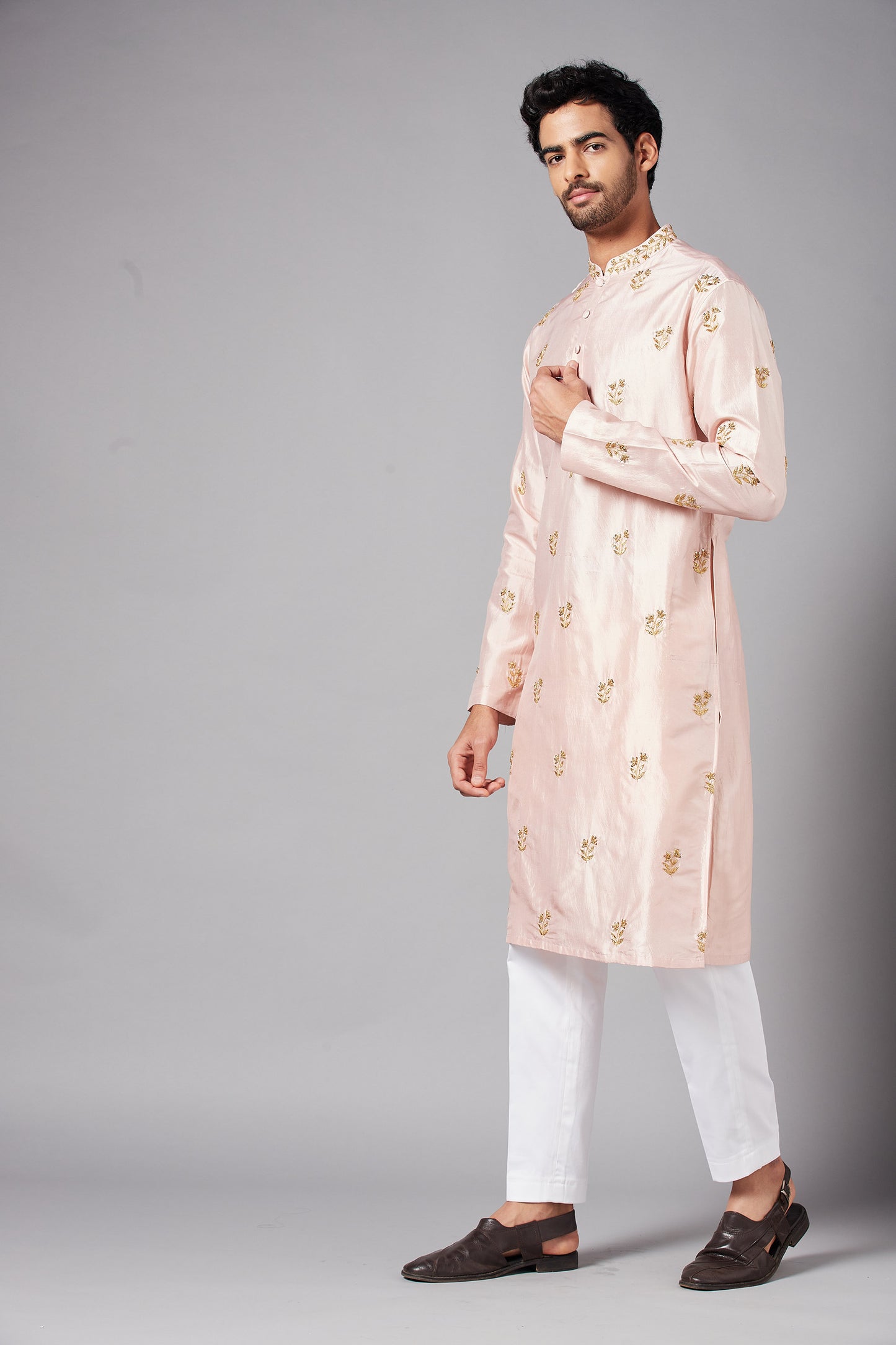 Peach Dupion Silk Hand Embroidered Casual ( only Kurta )
