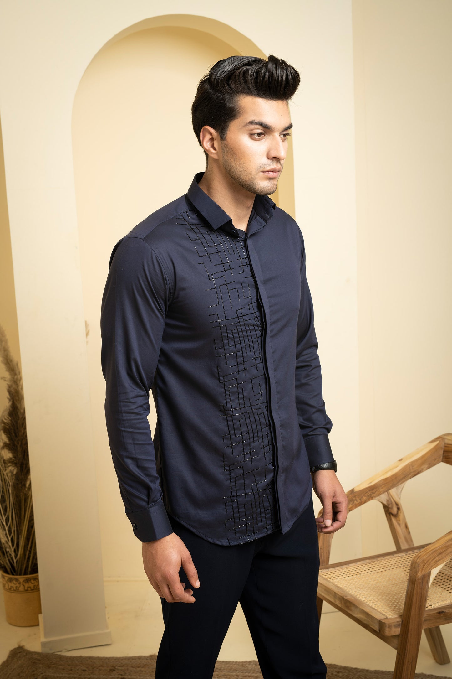 Black Premium Giza Diam Intricate Embroidered Shirt