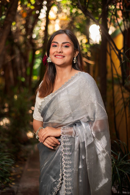 Grey handwork jimmychoo organza saree