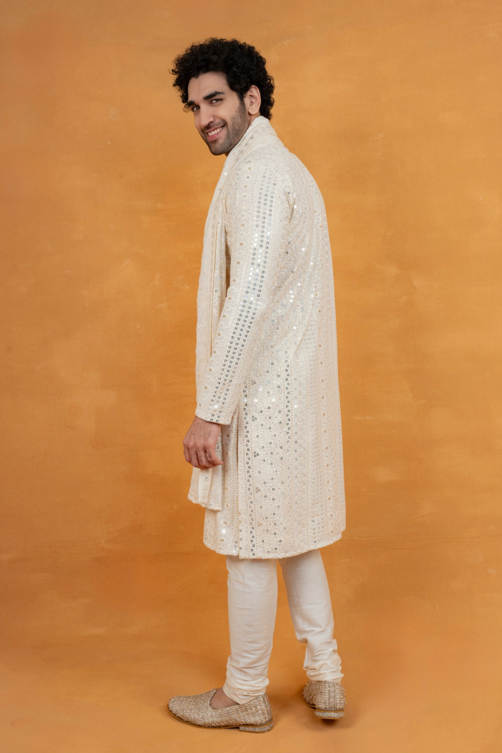 White silk lucknowi silk kurta set with mirror and sequins work