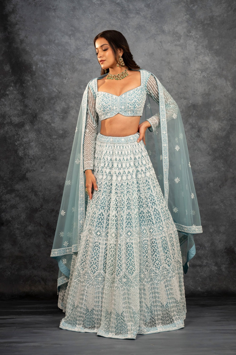 Powder blue net lehenga choli with sequins work, cut dana work and pearls