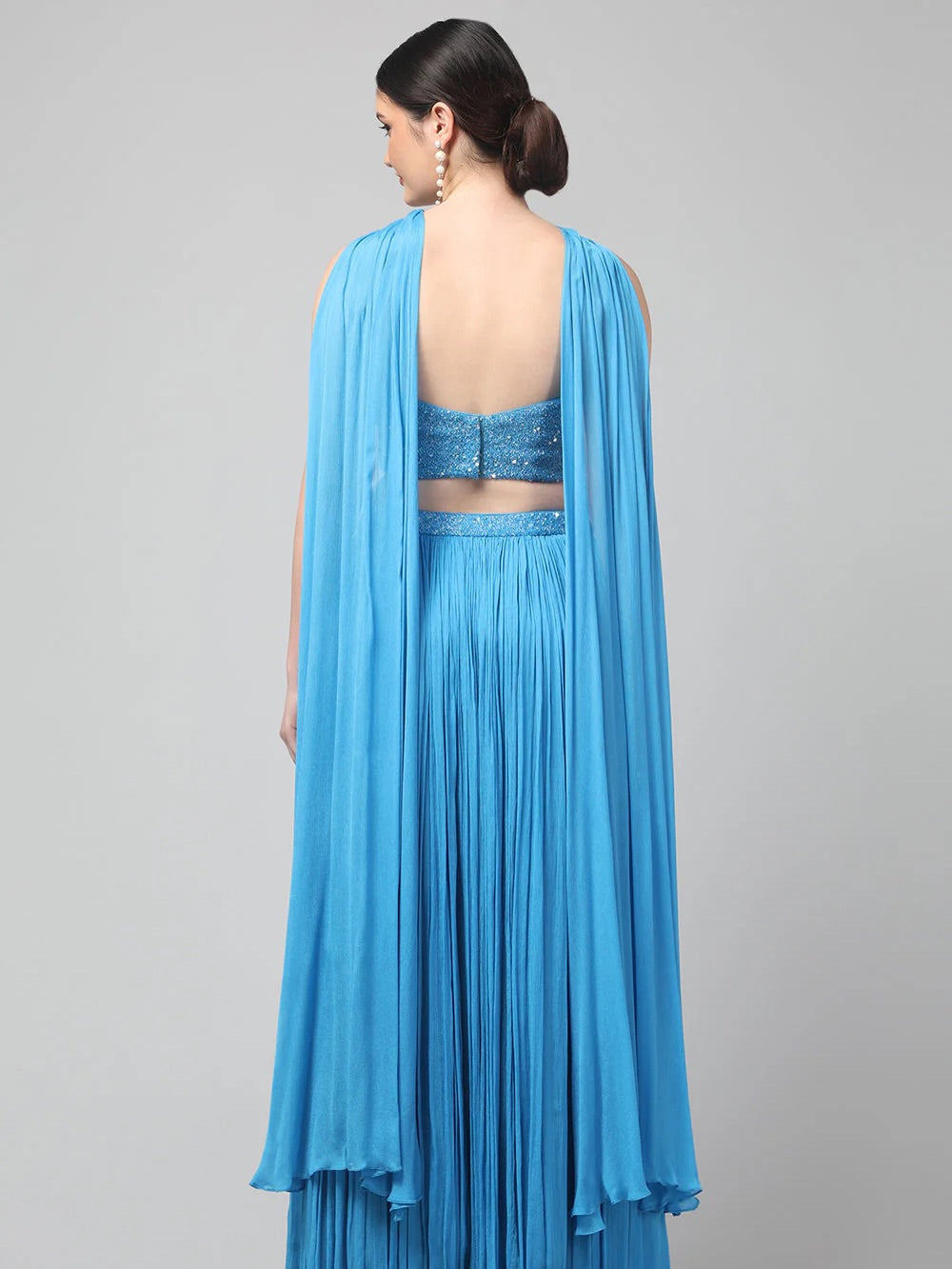 Sky-blue Corset Pure Chinnon Cutdana & Sequence Hand Work Party Wear pleated Skirt & Dupatta