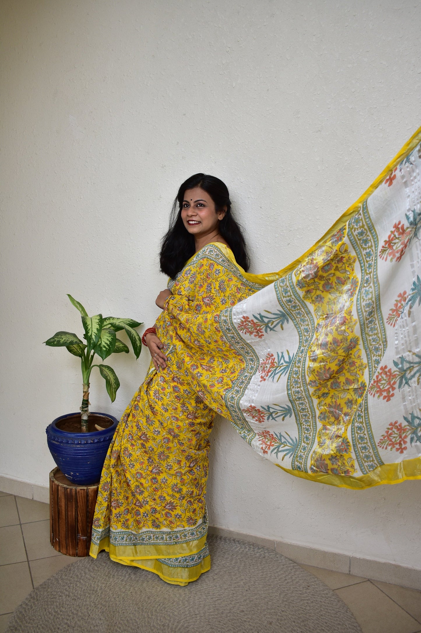 Marigold - White and Yellow Handblock Print Natural Dyed - Linen Cotton Saree