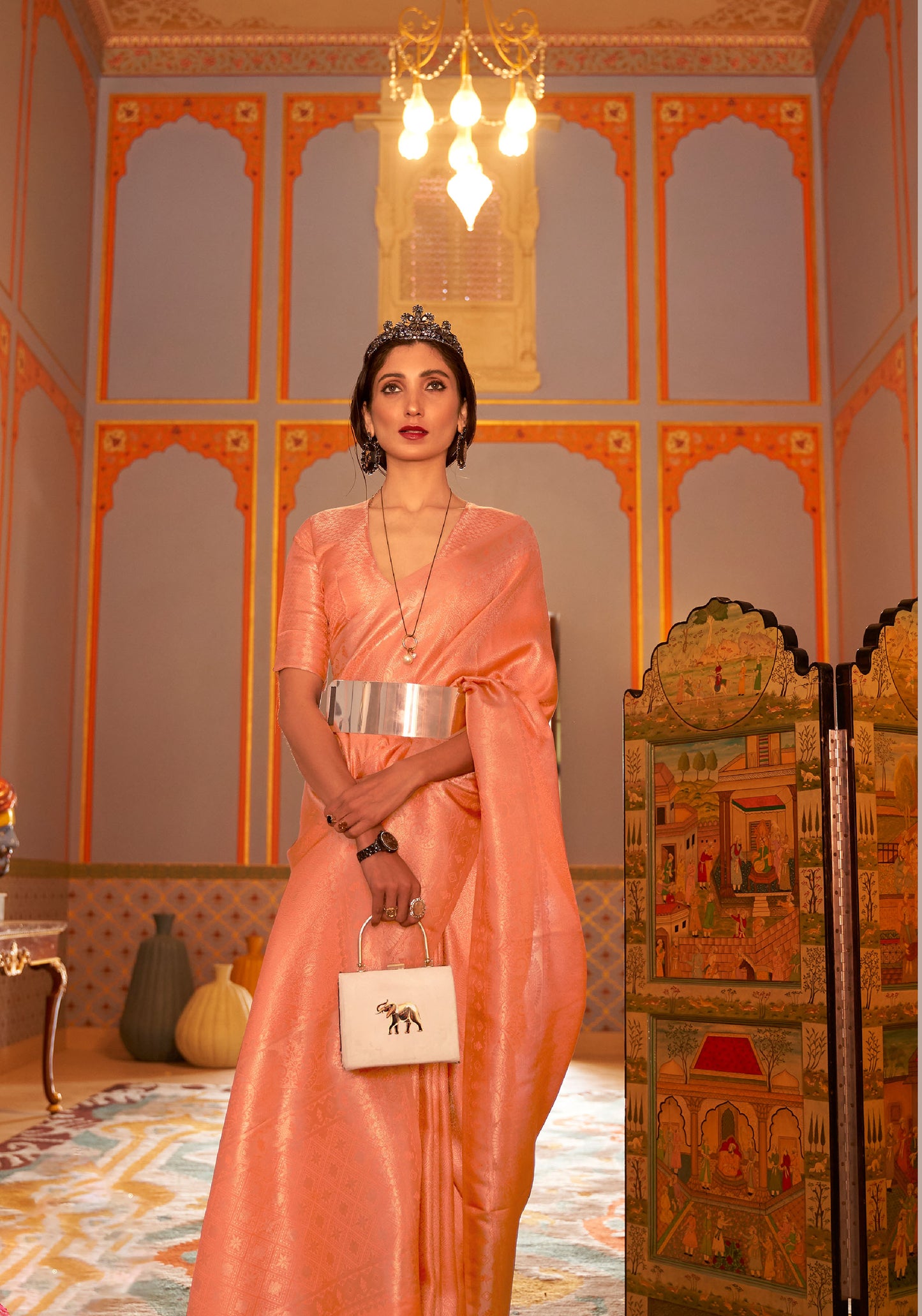 Peach Kanupama Silk Nylon Satin Woven Saree