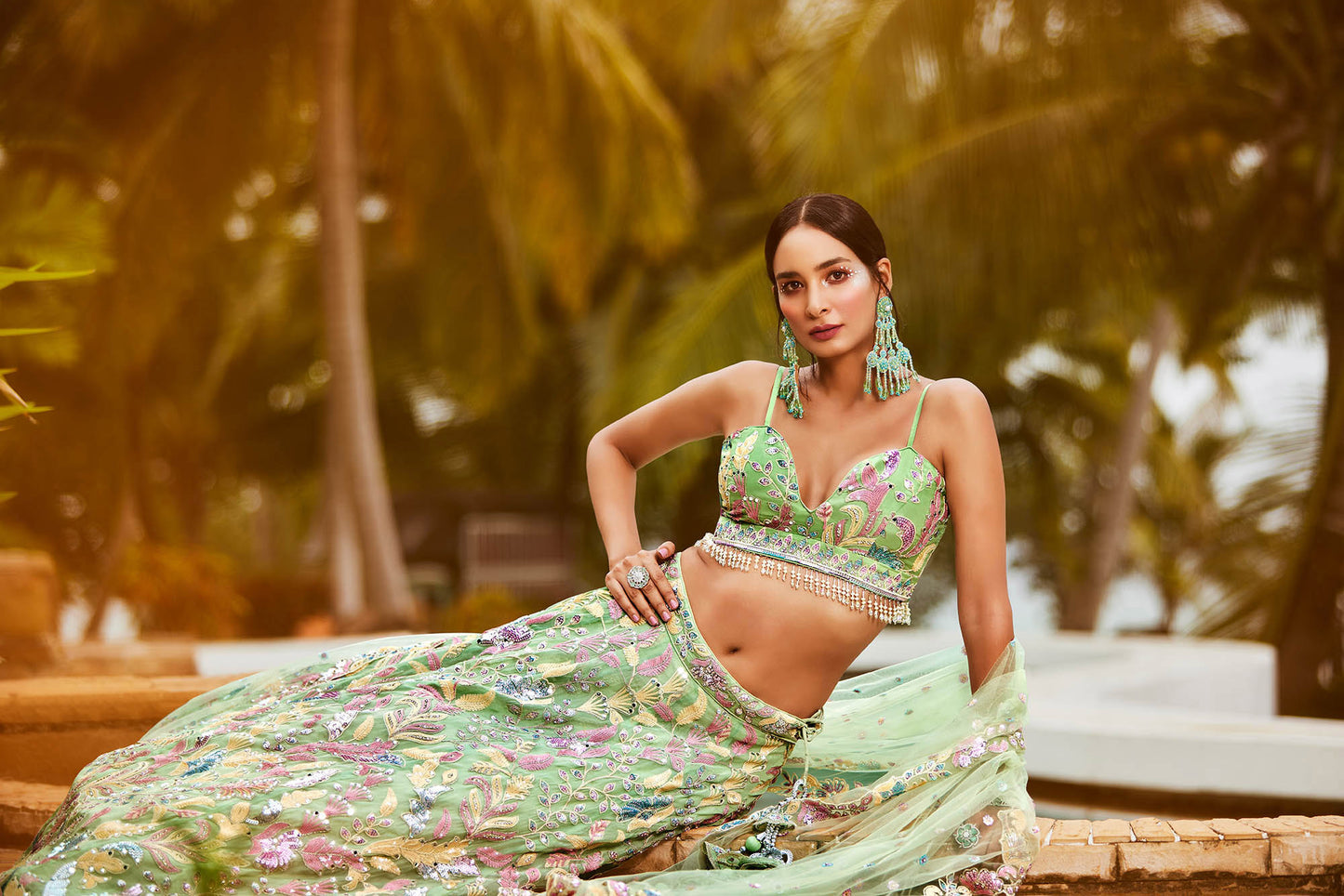 Lime Green Organza Sequins and Mirror embroidery Lehenga