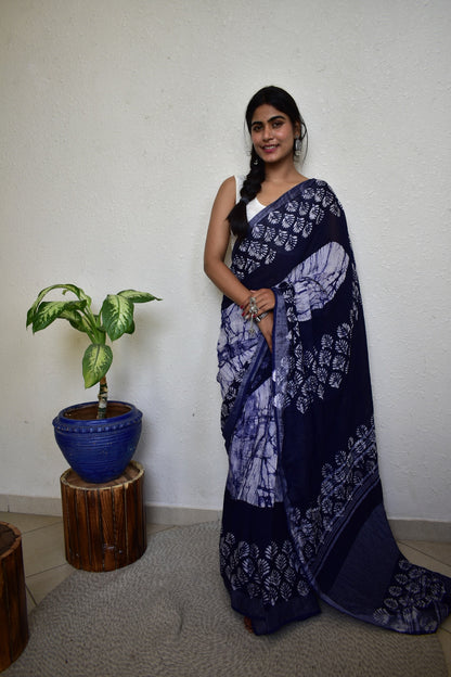 Indigofera Elegance - Blue Handblock Print Natural Dyed - Linen Cotton Saree