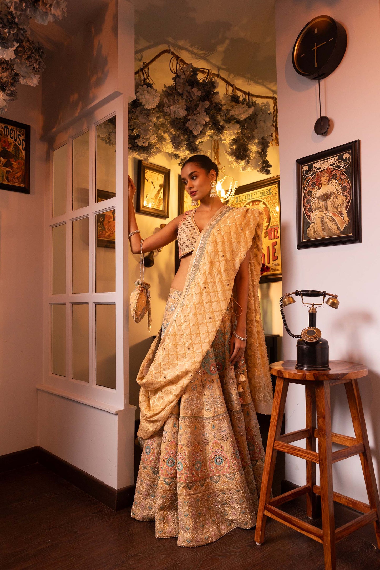 Pietra Dura Beige Raw Silk Machine Embroidered Sangeet Lehenga