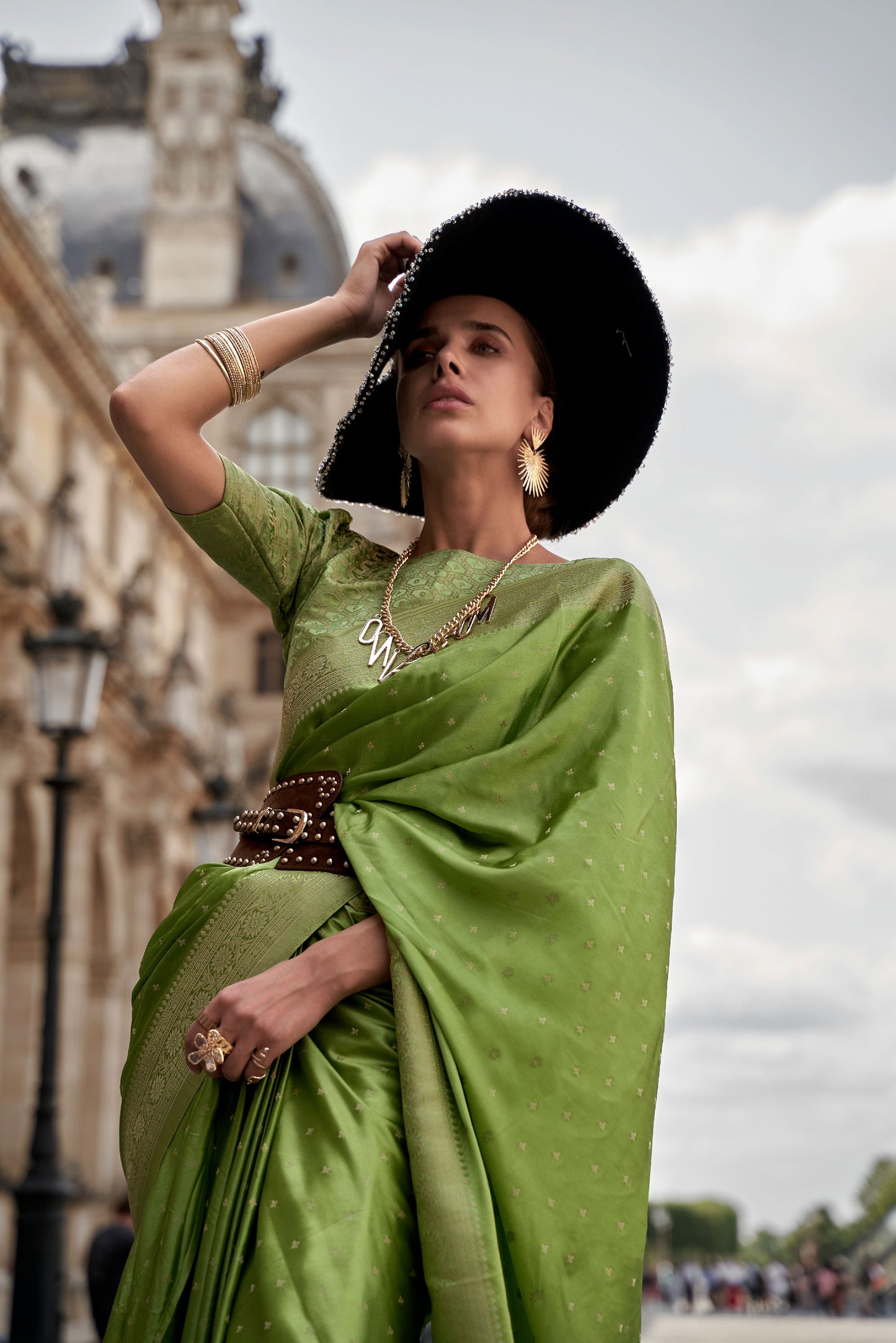 Mint Green Kamzah Silk Pure Satin Nylon Handloom saree