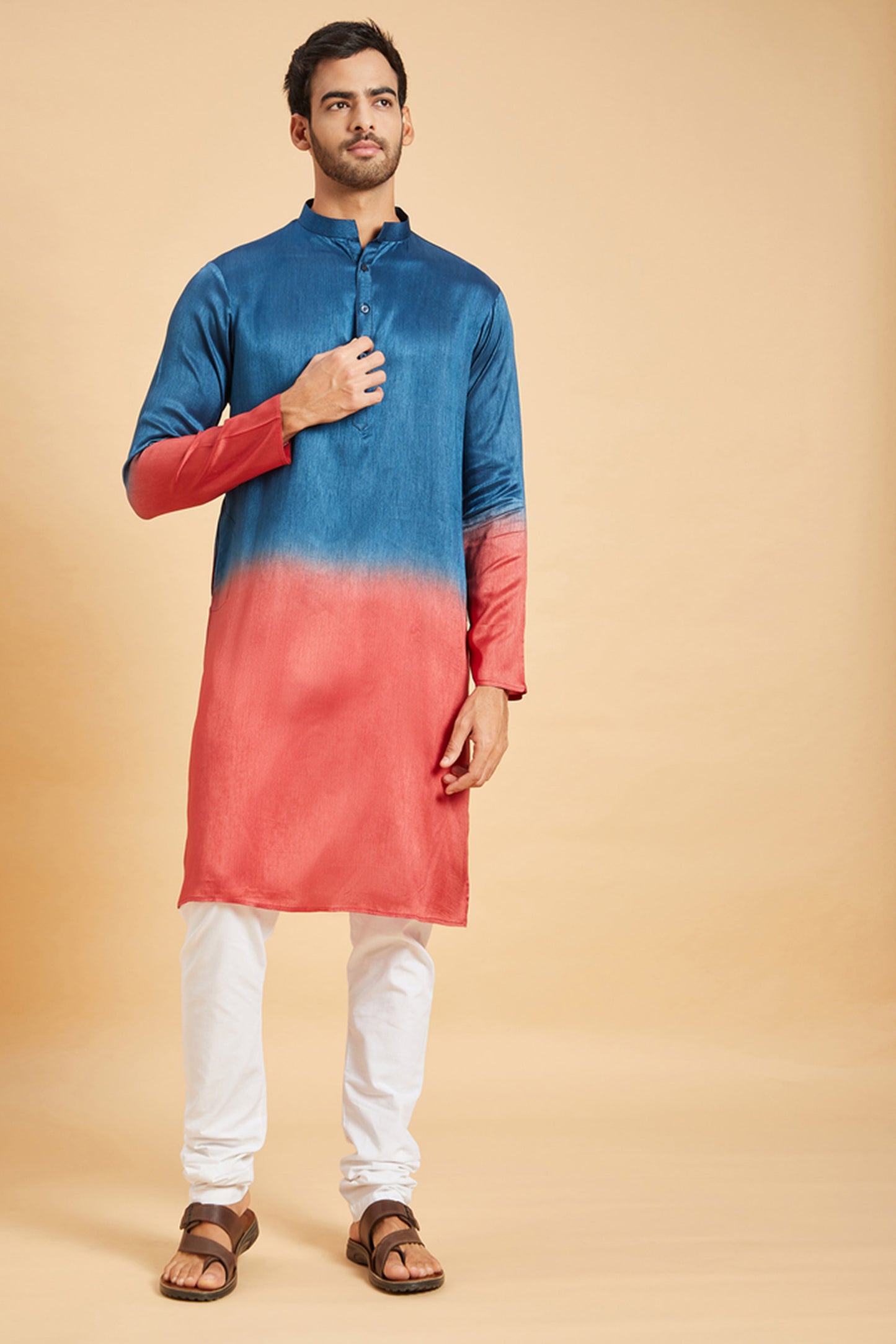 Blue & Red Raw Silk Ombre Festive ( only Kurta )