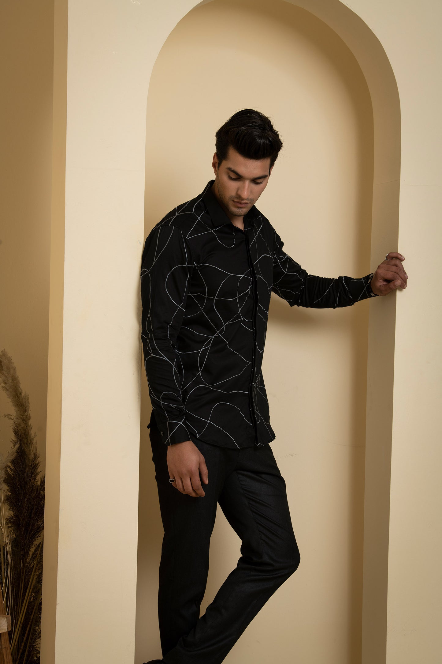 Black Giza Cotton Grayab Abstract Embroidered Party Wear Shirt