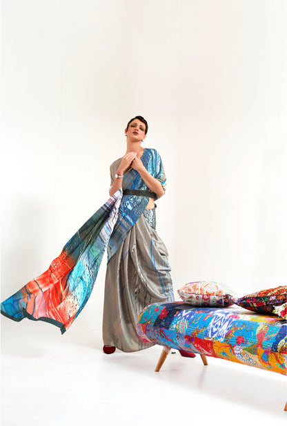 Beige Kazo Digital Soft Crepe Printed Saree