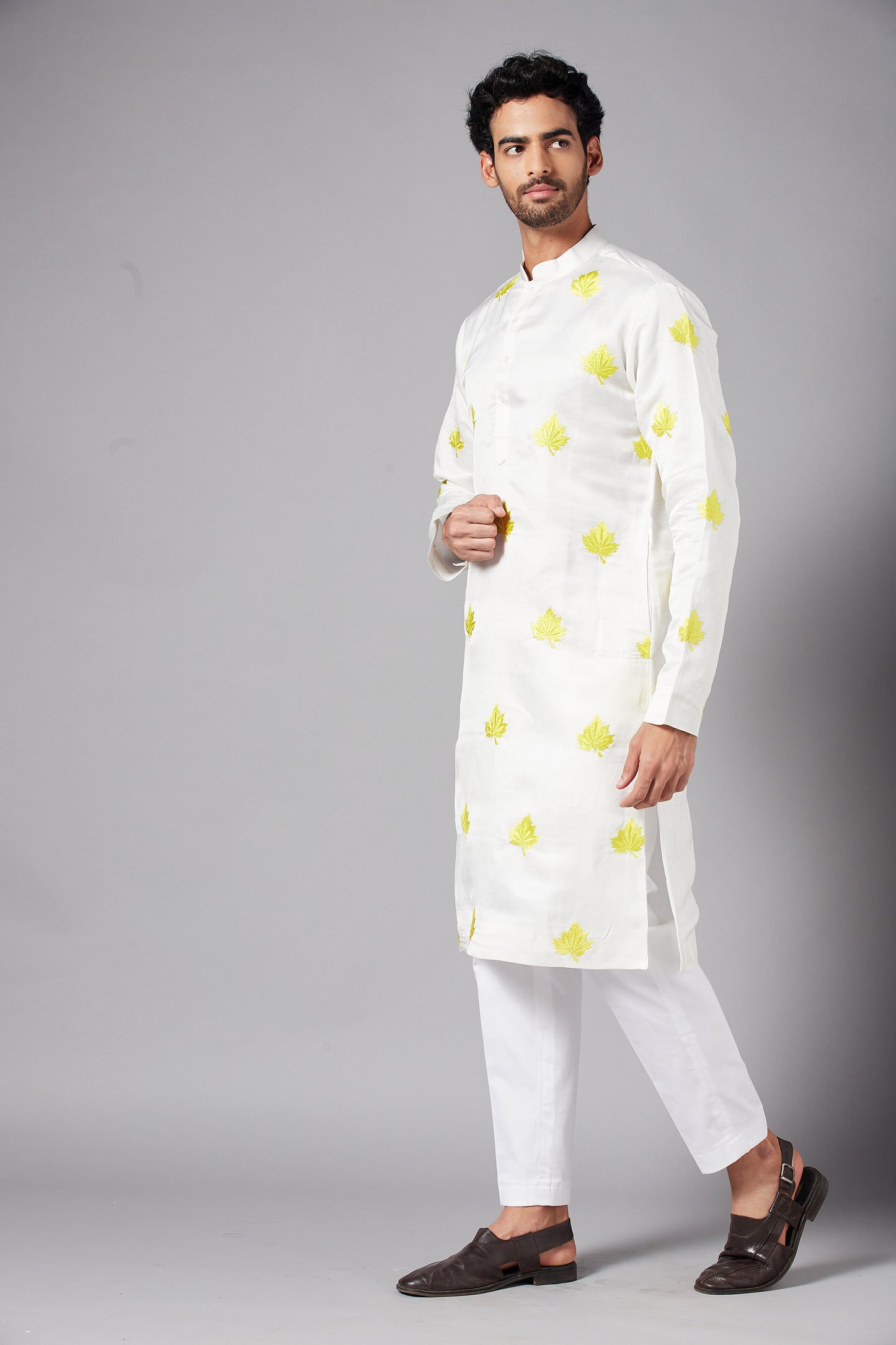 White Linen Satin Motif Embroidered Festive ( only Kurta )