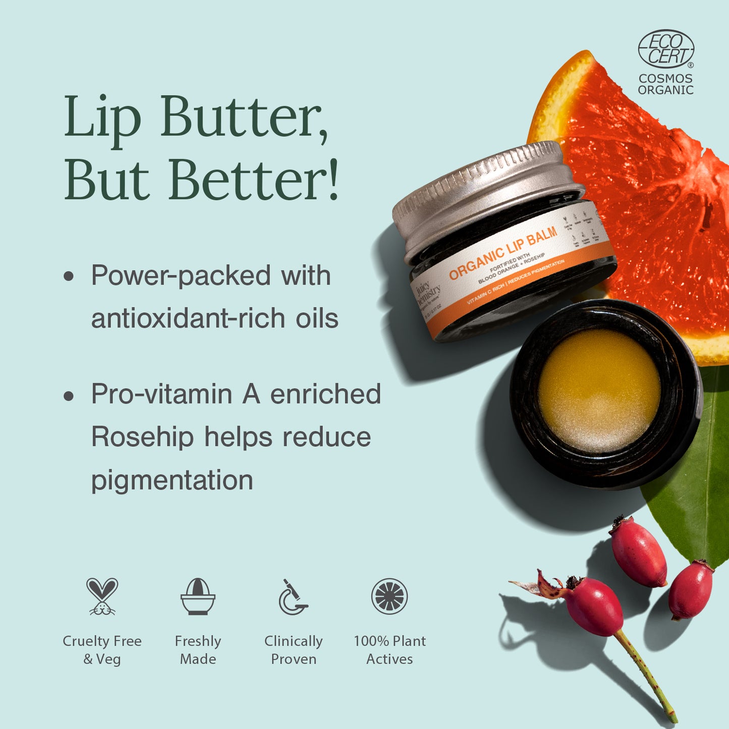 Juicy Chemistry Blood Orange & Rosehip Jar Scrub,5 g | Gentle Exfoliating Scrub For Dark Lips & Pigmentation | Organic Lip Exfoliator For Soft, Smooth, Supple And Luscious Lips|Suitable For Men & Women